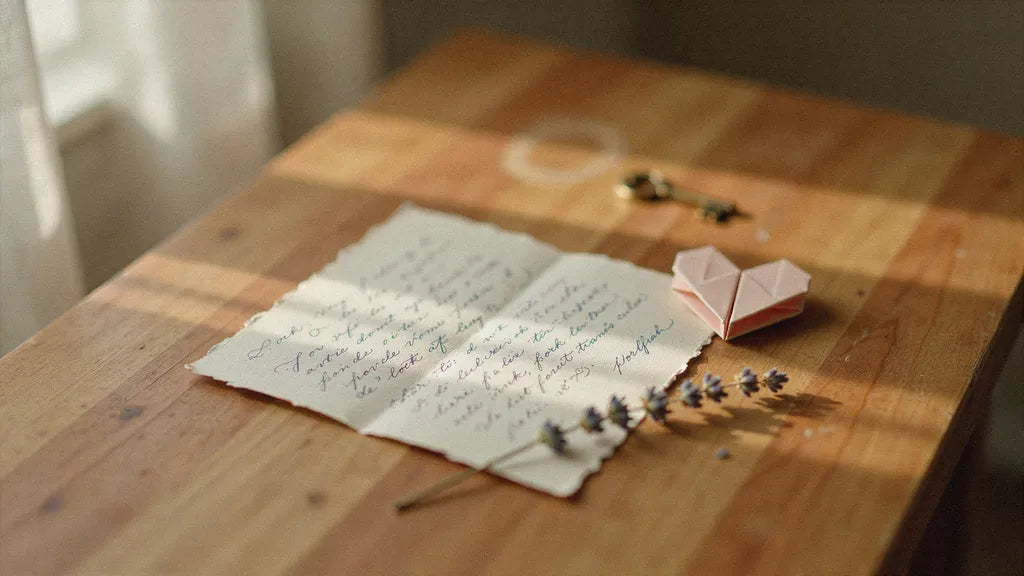 A handwritten paper note and a small folded paper heart on a wooden table in warm morning light