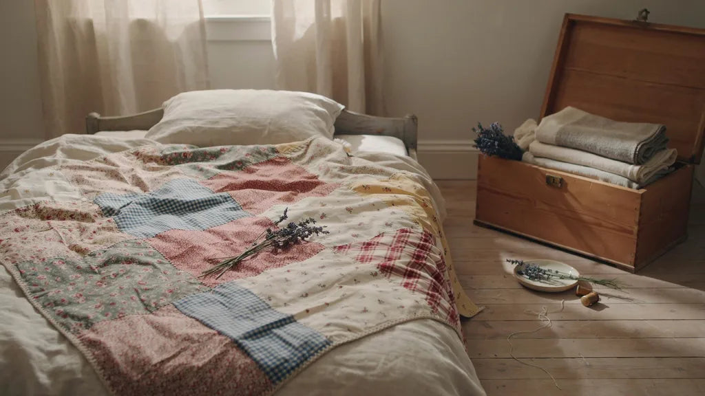 A hand-stitched patchwork quilt with floral, gingham and flannel squares beside a cedar chest — memorial song for grandma who passed
