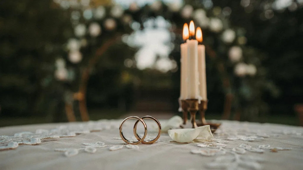 Two gold wedding rings on ivory lace beside lit ceremony candles in warm light