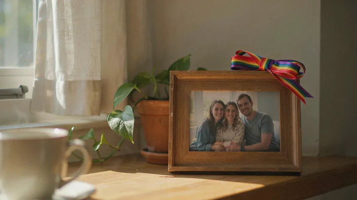 A rainbow ribbon resting on a wooden family photo frame in soft morning light