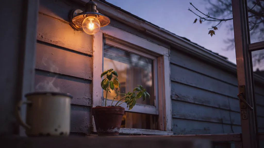 A porch light glowing at dusk next to a kitchen window, soft and lived-in