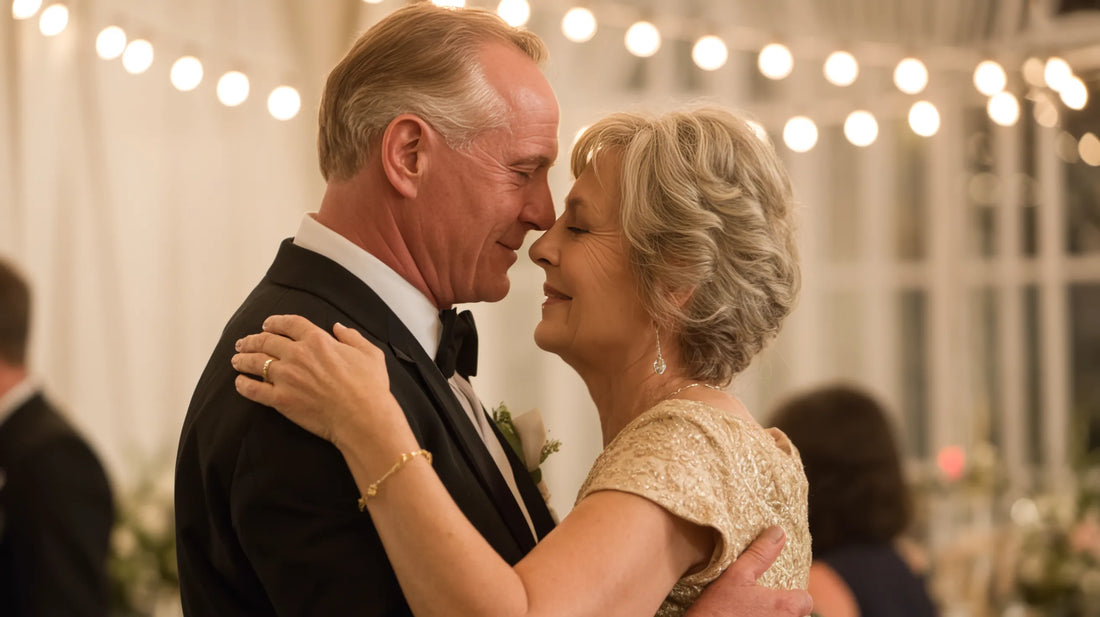 An elegant couple slow dancing close at their wedding