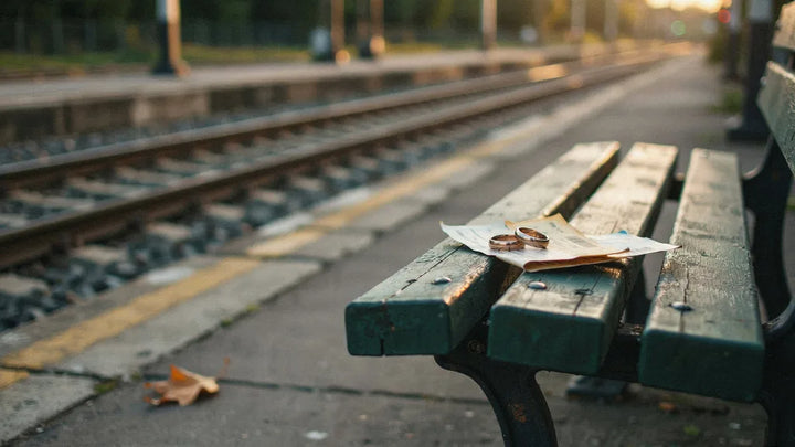 Two worn wedding rings on a folded train ticket on an empty station bench in golden light