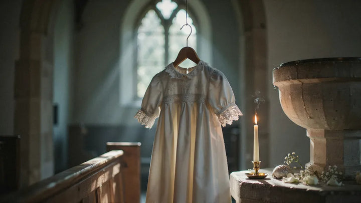 A white christening gown on a hanger beside a candle and seashell near a stone font in soft light
