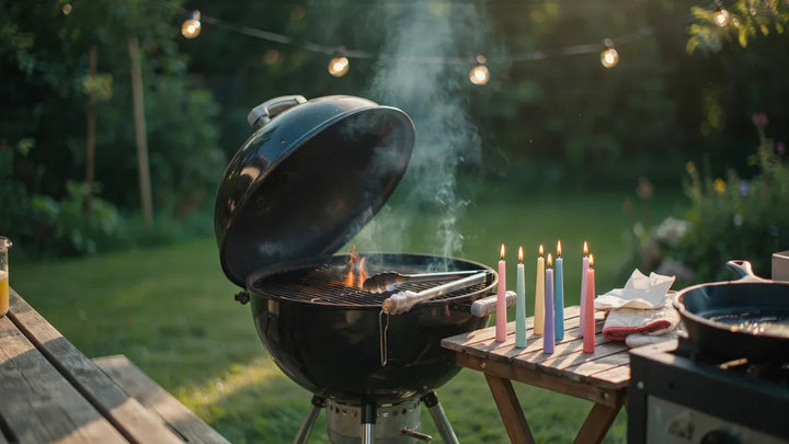 A backyard grill at golden hour with tongs on the rail and six birthday candles set out nearby
