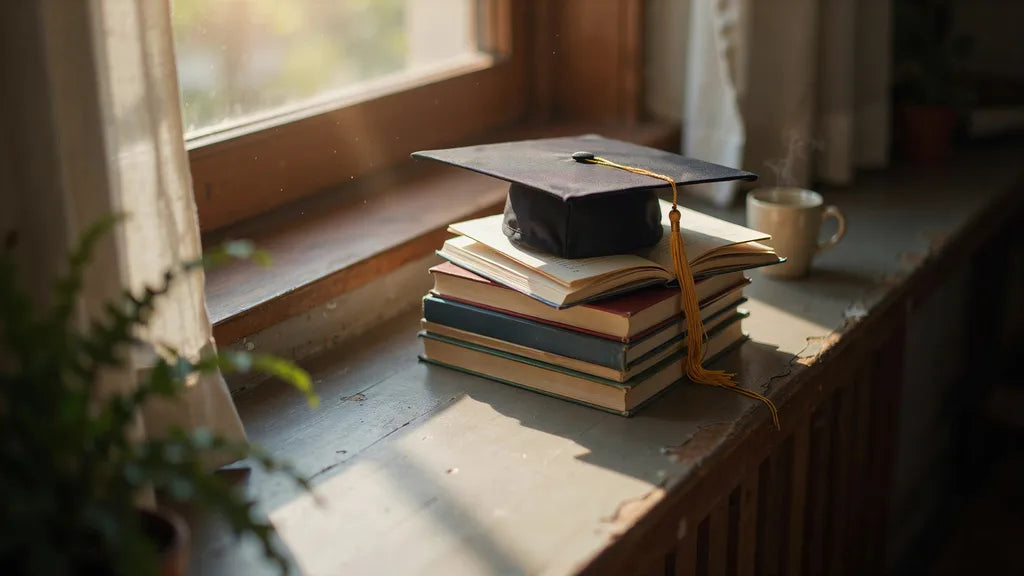 A graduation cap with a tassel sitting on a stack of books in warm daylight