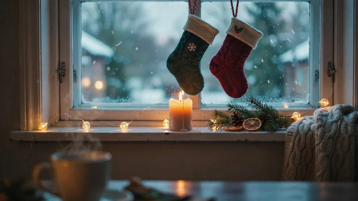 Warm Christmas string lights on a home mantel with two stockings and a lit candle by a frosted window