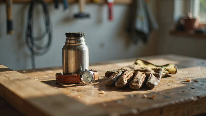 A worn leather work glove, a steel thermos, and an old wristwatch on a workbench in warm light