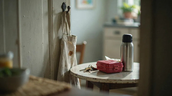 A worn apron on a hook with house keys, a coffee thermos, and a child's lunchbox in soft morning light