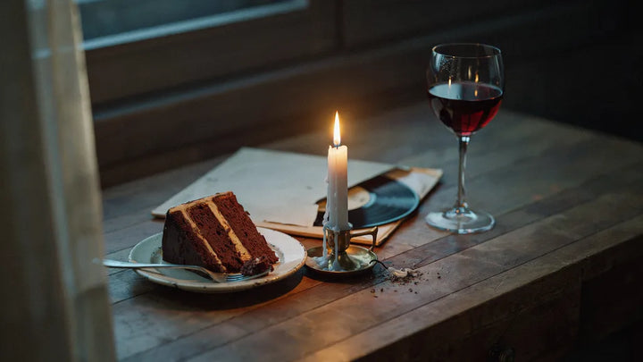 One lit candle on a slice of cake next to an old record sleeve in warm light