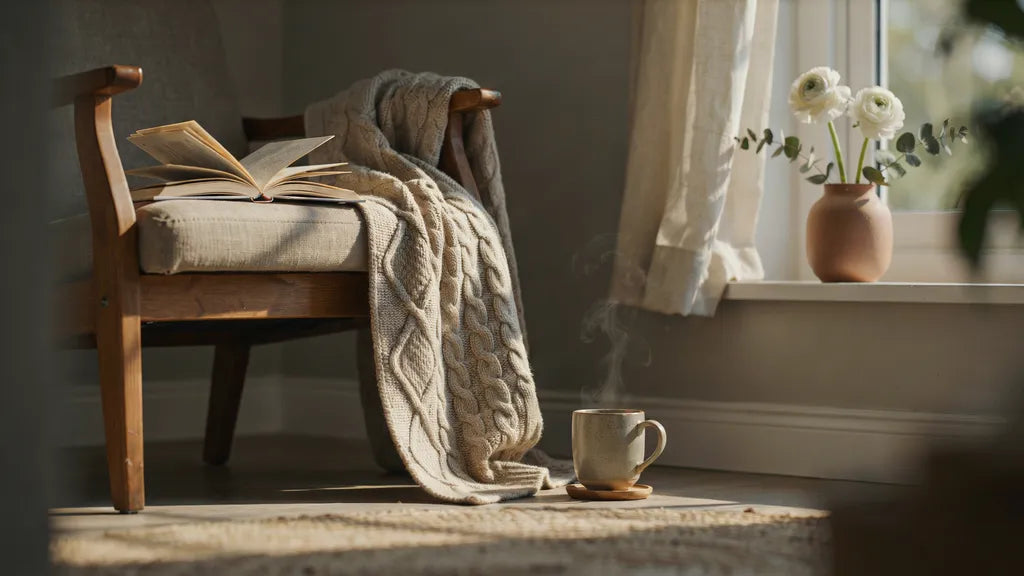 A folded knit blanket on a chair by a sunlit window with flowers and a warm mug