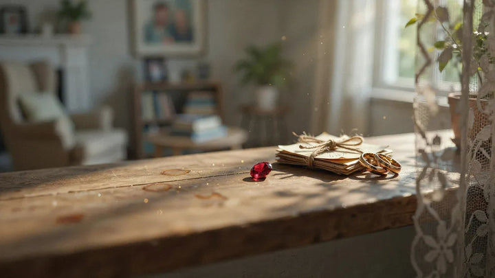 A ruby gemstone and two gold wedding rings on a worn windowsill in warm afternoon light
