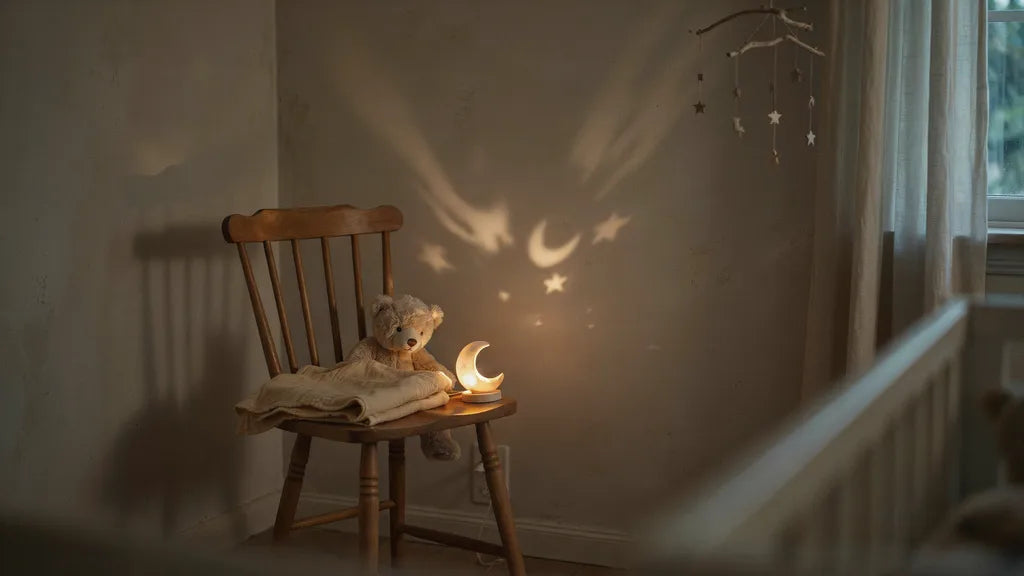 A nightlight casting soft moon and stars on a nursery wall beside a folded blanket — memorial song for a child