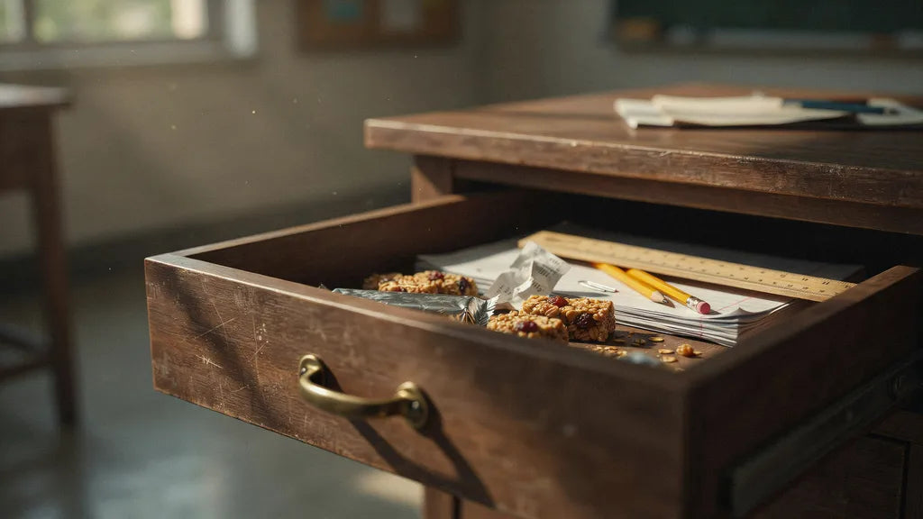 An open teacher's desk drawer holding granola bars and a name tag in warm classroom light