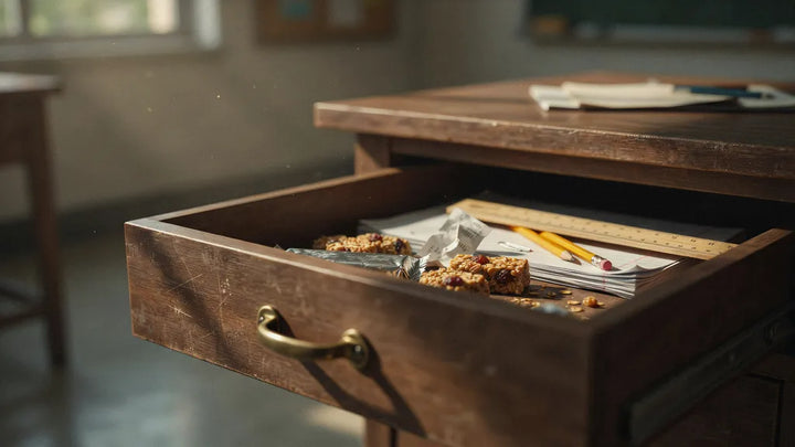 An open teacher's desk drawer holding granola bars and a name tag in warm classroom light