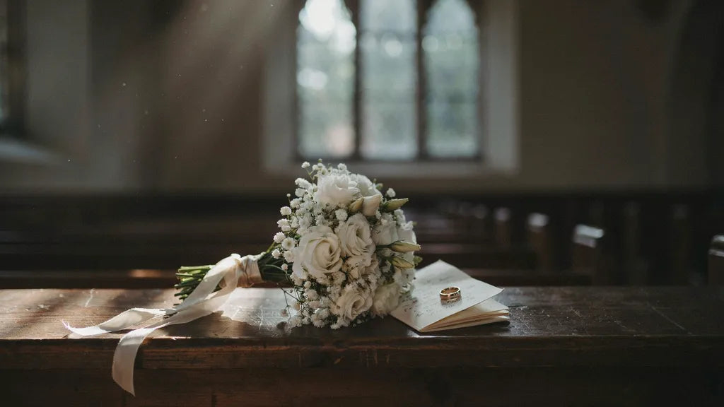 A white bridal bouquet resting on a church pew beside a vow booklet and a gold wedding band in soft light