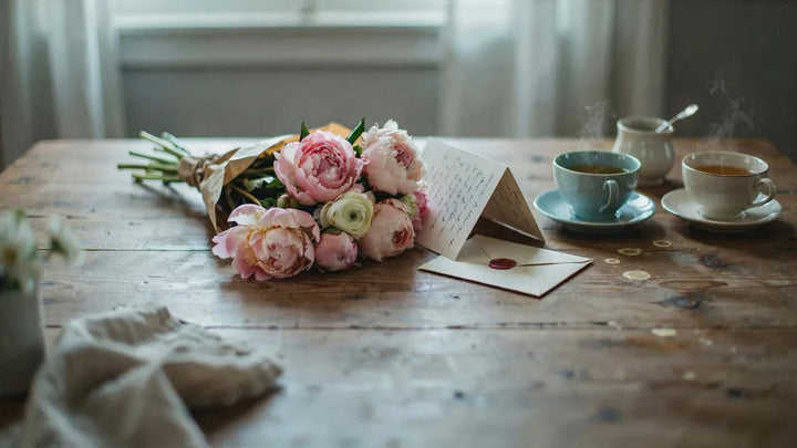 A bouquet of peonies on a kitchen table beside a handwritten card and two teacups in soft morning light