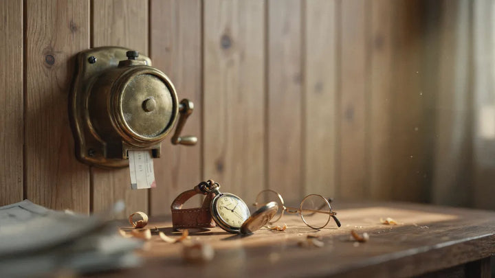 A vintage brass punch clock on a wood wall beside a worn pocket watch and reading glasses in warm afternoon light