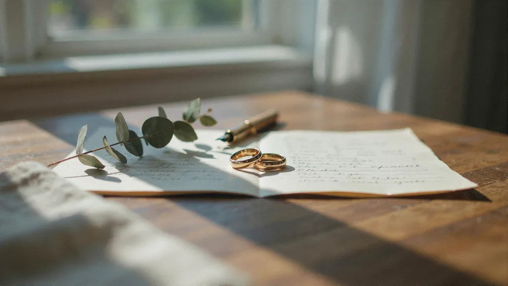 Two gold wedding bands on a folded paper setlist in soft daylight