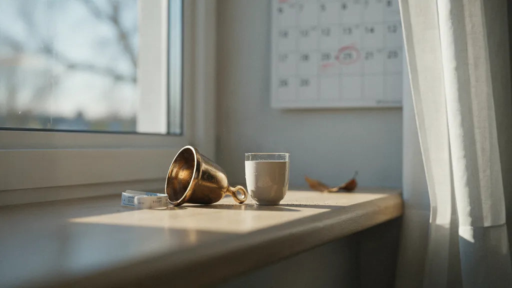 A brass bell on a sunlit hospital windowsill beside a calendar with one day circled