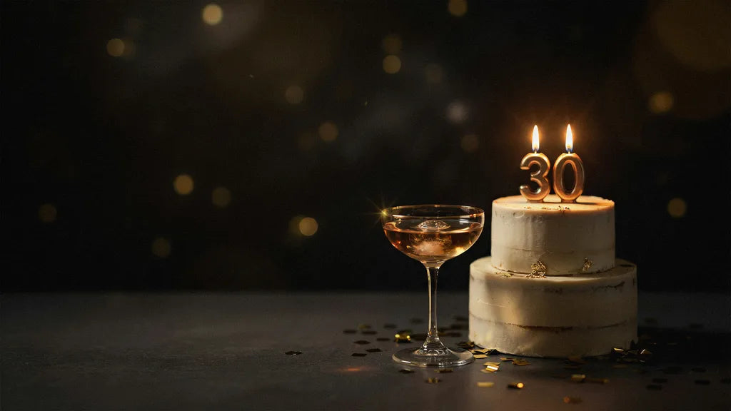 A cocktail glass beside a small birthday cake with glowing candles and gold confetti in warm light