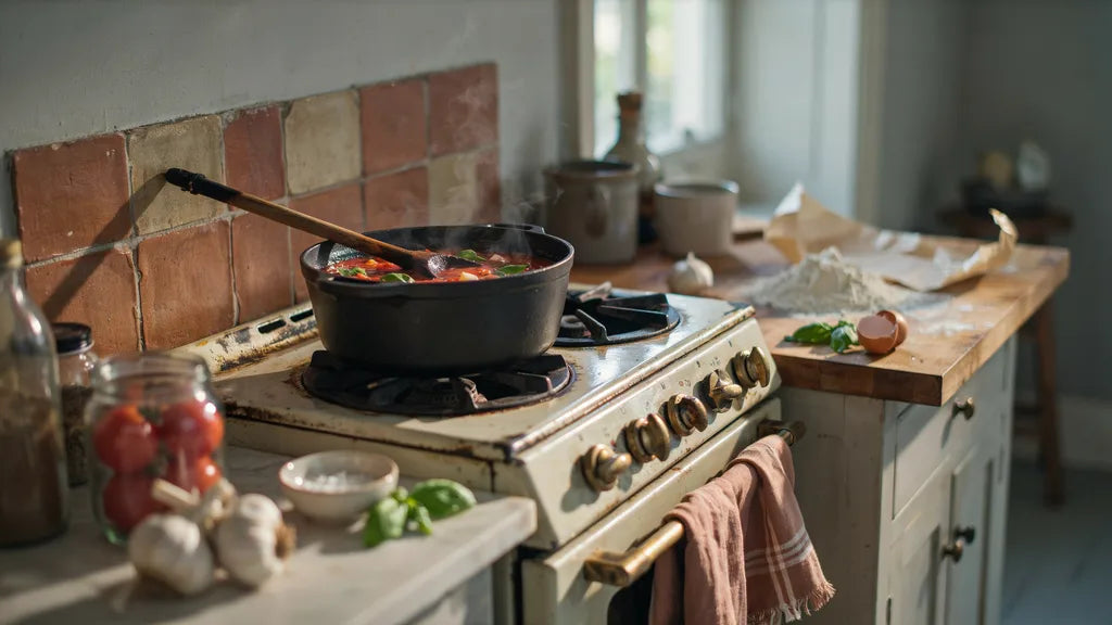 Simmering sauce and a wooden spoon with a burnt handle — tribute song for mom who passed away