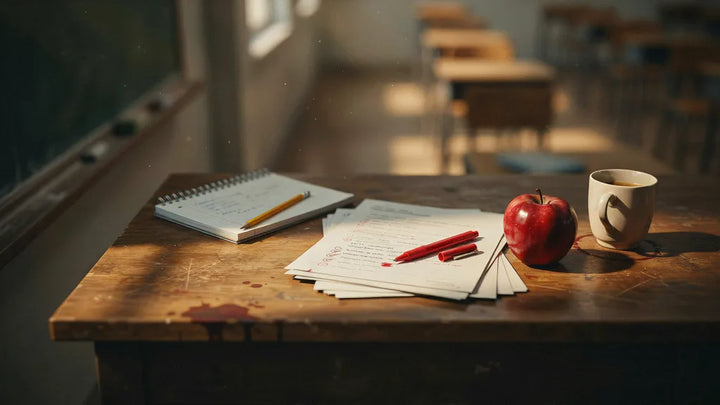 A wooden classroom desk with graded papers, a red pen, and an apple in warm light
