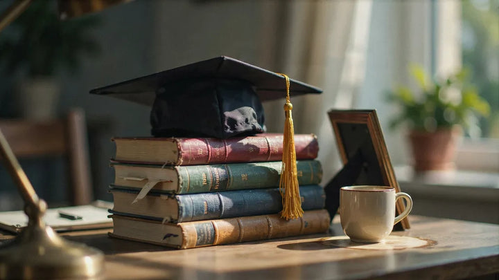 A graduation cap on a stack of textbooks next to a framed family photo in warm light