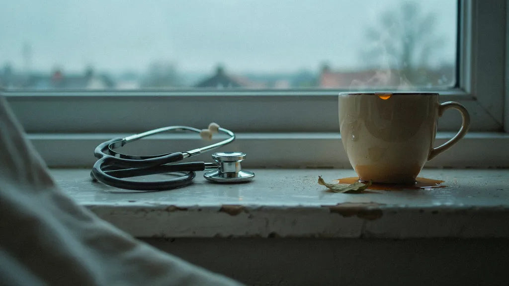 A stethoscope and a cooling mug of tea on a windowsill at the end of a night shift, sky beginning to lighten