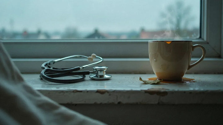 A stethoscope and a cooling mug of tea on a windowsill at the end of a night shift, sky beginning to lighten