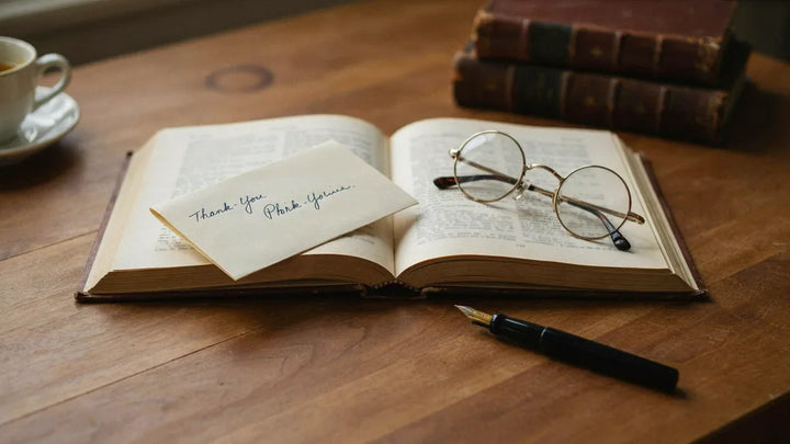 A handwritten thank-you note on an open book beside reading glasses and a fountain pen in warm light