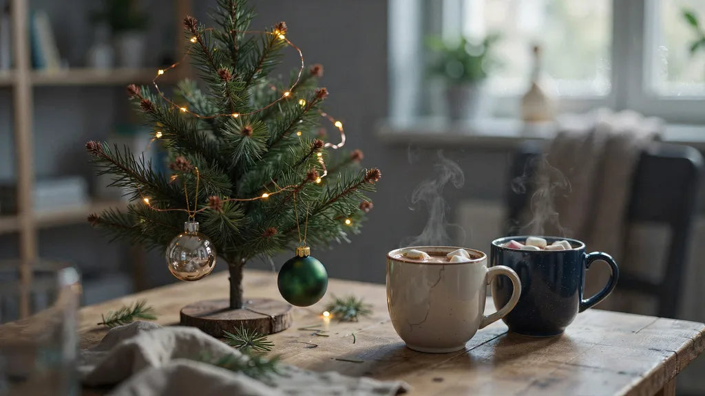 A small first Christmas tree with two ornaments and two mugs of cocoa glowing under warm string lights
