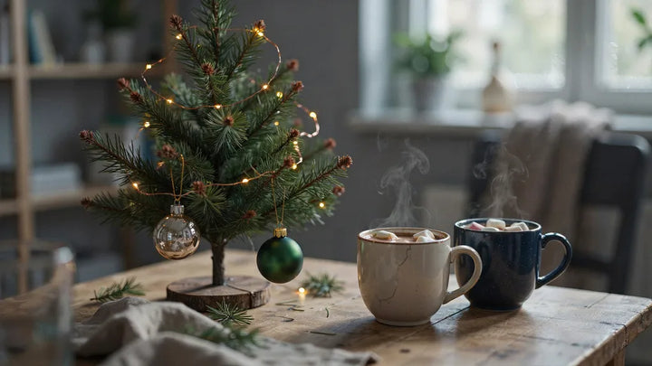 A small first Christmas tree with two ornaments and two mugs of cocoa glowing under warm string lights