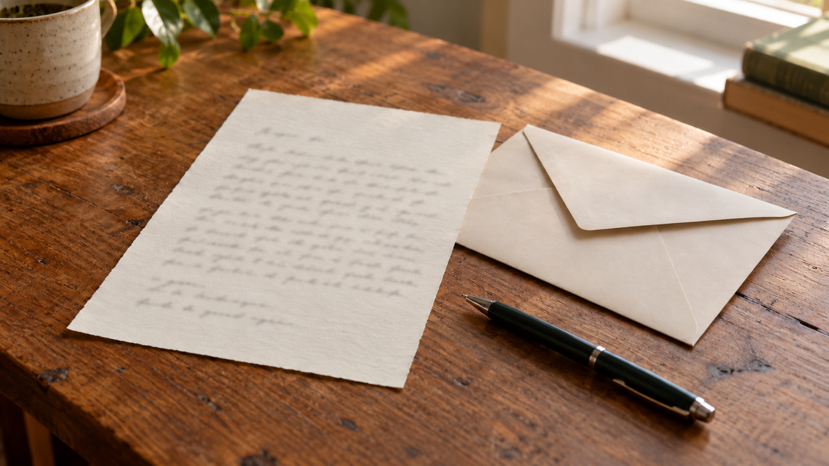 Illustrative anniversary letter on cream paper beside an envelope and pen.