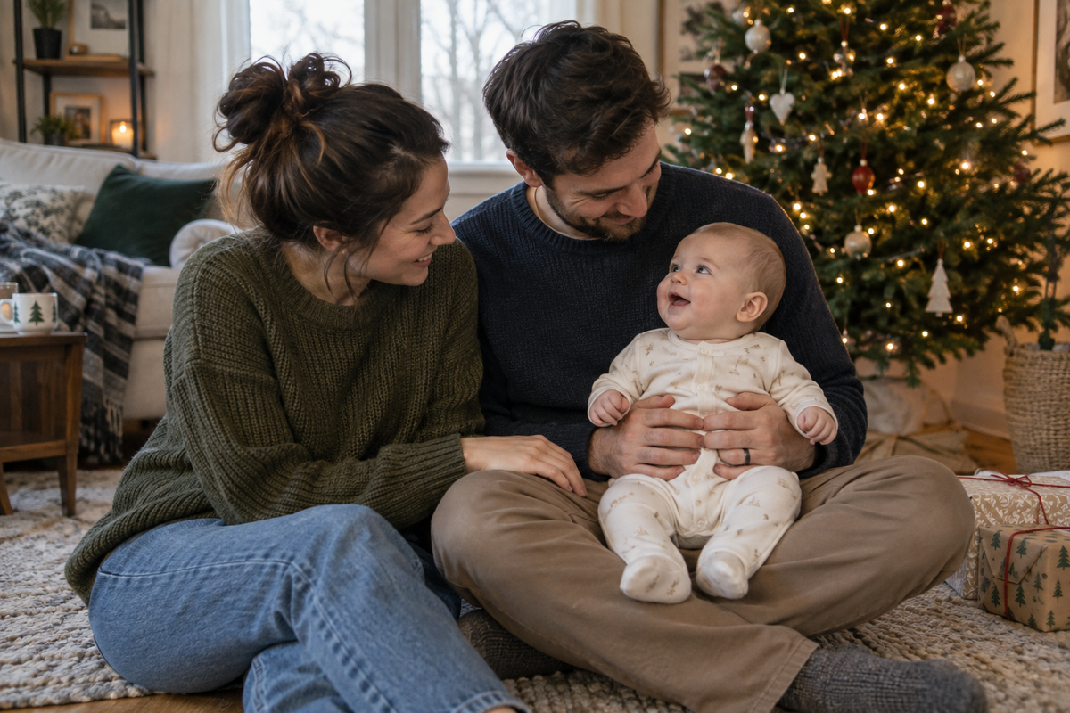 Two parents holding their smiling baby beside a Christmas tree.