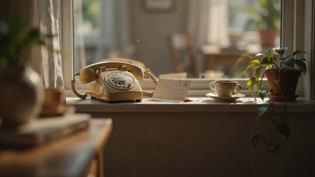 A vintage cream rotary telephone and a handwritten postcard on a sunlit windowsill