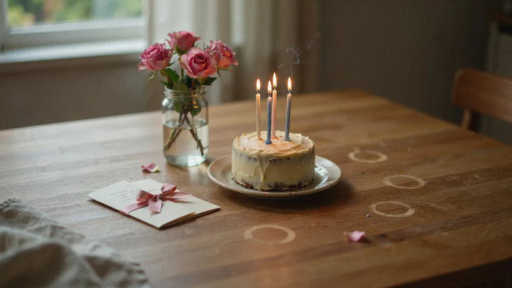 A small birthday cake with lit candles on a kitchen table beside a card and a jar of roses