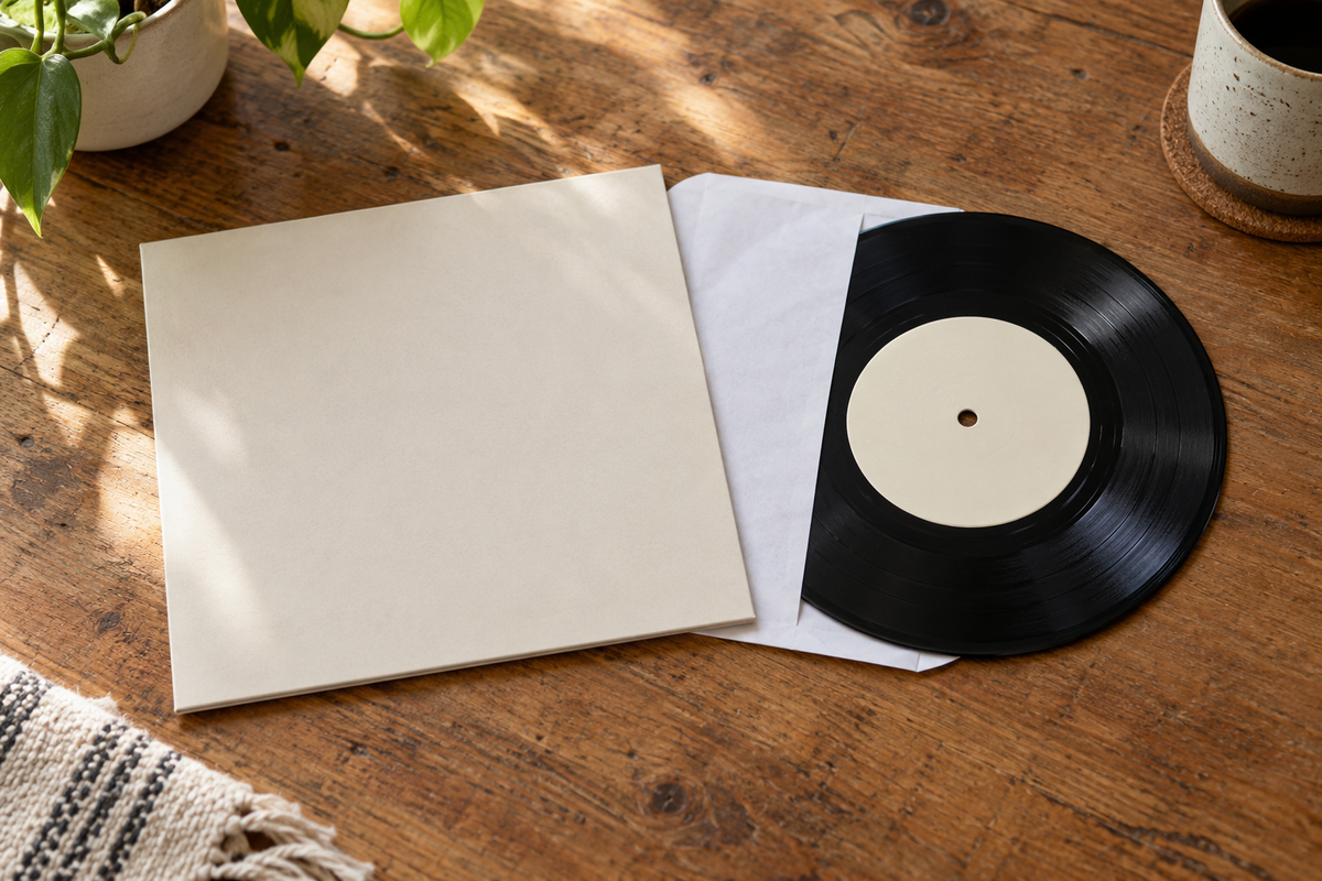 Illustrative black 7-inch vinyl record with a blank cream label, paper inner sleeve and plain jacket on a wooden table.