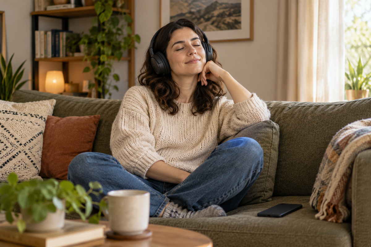 Illustrative adult listening to a digital song with headphones at home.