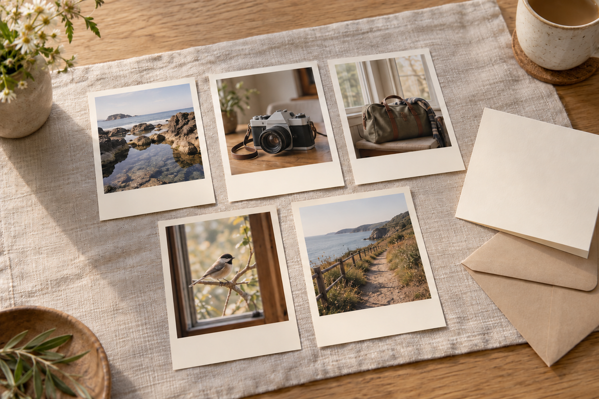 Illustrative five-photo keepsake with coastal scenes, a camera, a travel bag, a bird and a note envelope.