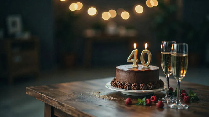 A chocolate cake with lit gold four and zero candles next to two champagne glasses in warm party light