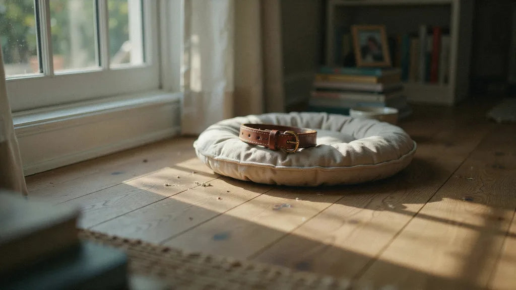 An empty dog bed beside a window, a worn leather collar resting on the blanket