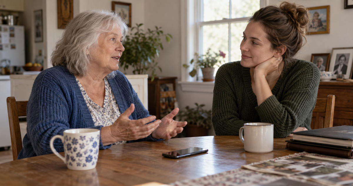 Illustrative family-history conversation between two adults at home with a phone on the table