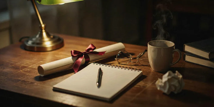 A rolled diploma on a worn desk beside reading glasses, a coffee mug, and an open notebook in warm evening light