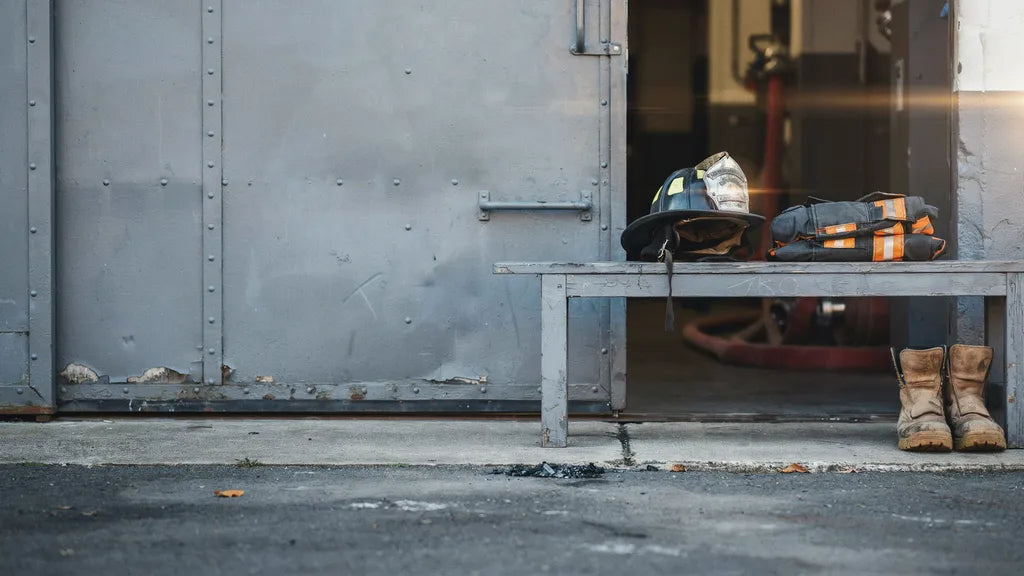 A firefighter's helmet, coat, and boots resting on a bench by a station door in soft morning light