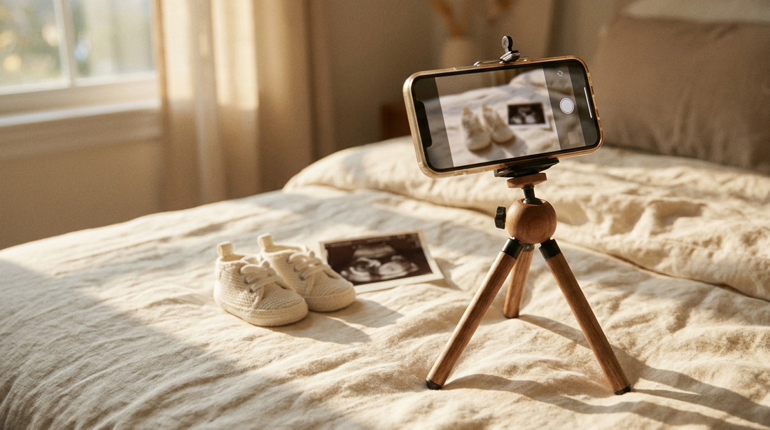 Phone on a small tripod filming tiny white baby sneakers and a sonogram print on a linen bedspread in soft morning light