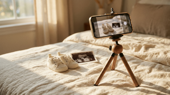 Phone on a small tripod filming tiny white baby sneakers and a sonogram print on a linen bedspread in soft morning light
