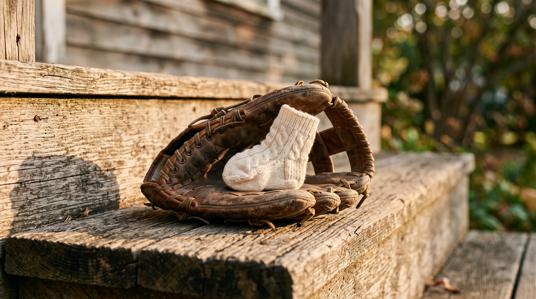 A worn baseball glove on a porch step holding a tiny knitted baby sock in golden-hour light