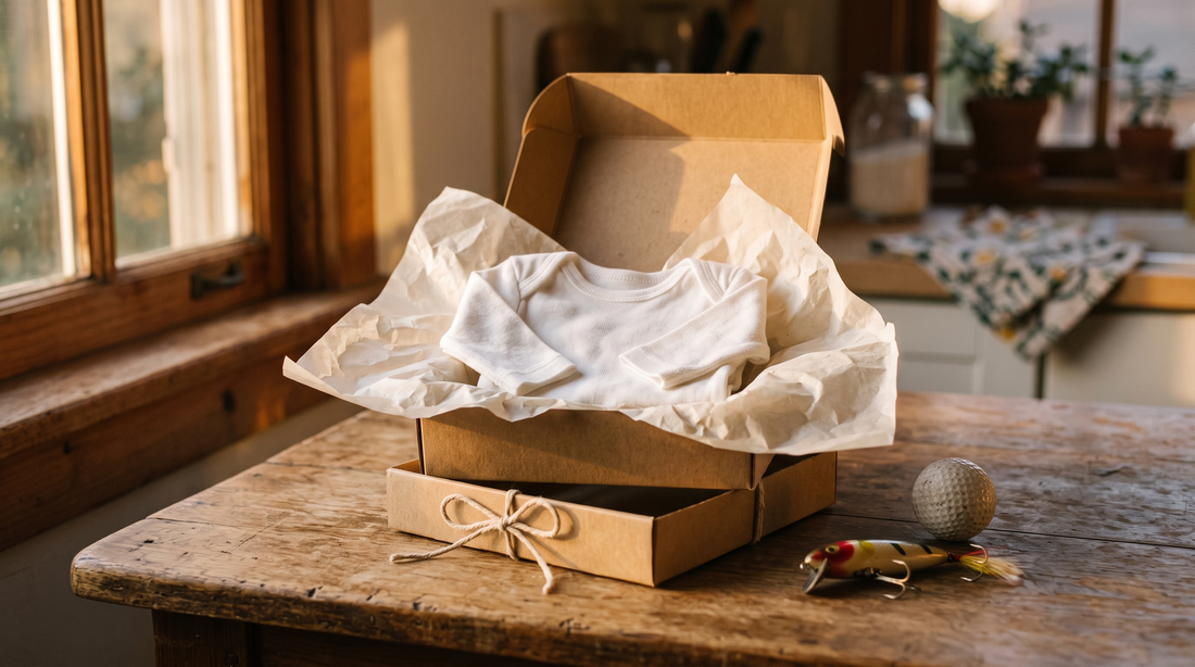 Open gift box with a tiny onesie inside beside a fishing lure and golf ball on a kitchen table