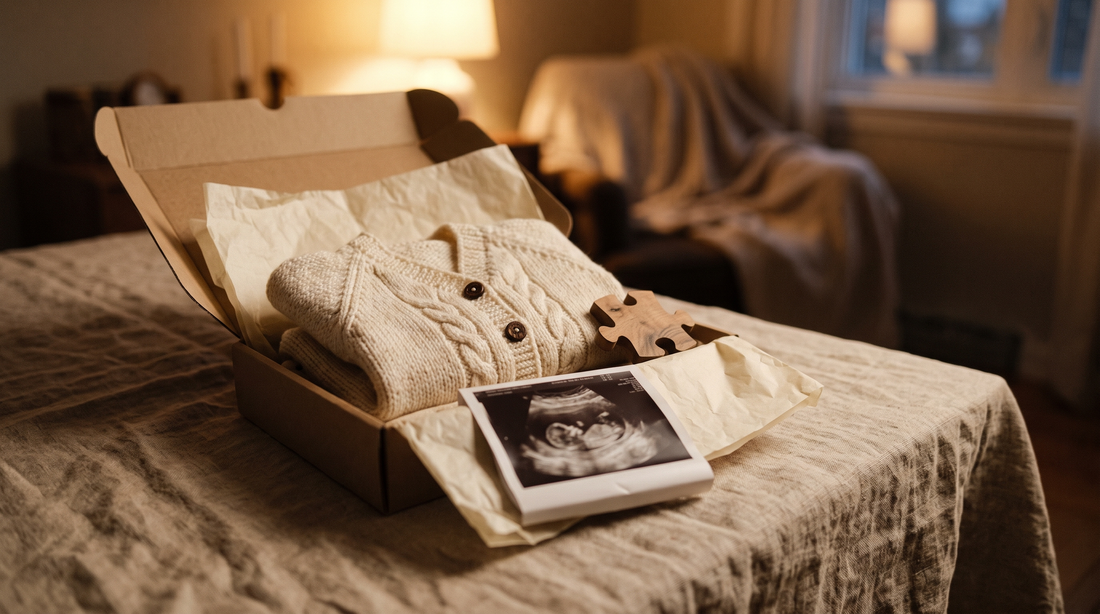 Tiny knitted baby cardigan in an open gift box with a wooden puzzle piece and folded ultrasound print on a linen tablecloth